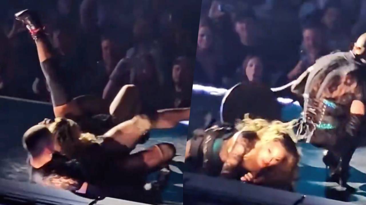 Un danseur entraîne Madonna et la fait tomber, elle éclate de rire